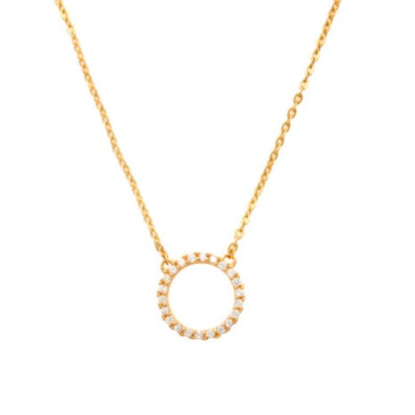 Pave Circle Necklace 14K Gold These elegant features pave set rounds radiate in any occasion. A modern jewel meant for eternity. This necklace is perfect for everyday wear. Feel that love has no beginning and no end. When you wear the perfect necklace that represents everything goes comes back around.