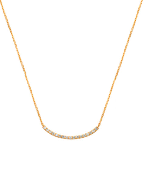Curved Bar Necklace 14K Gold Your look isn't complete without this necklace. Simple and sleek the necklace featured a curved bar set with twinkling cubic zirconia. A slender and captivating design, it instantly elevates casual looks. A classic we love perfect for layering worn day or night.