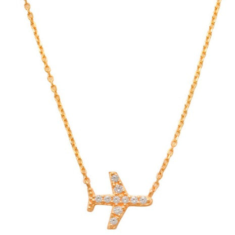 Airplane Necklace 14K Gold Are you ready to go where your next adventure would take you? Express your relentless love for discovery. A true treasure discovered with the airplane necklace made of solid 14K Gold with a glowing pave of fine Cubic Zirconia stones. Fly in any direction you choose. It's time to seek adventure with such a gorgeous necklace that everyone can relate to.