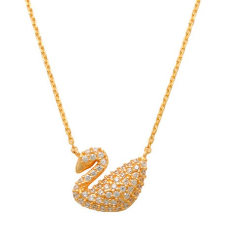 Swan Necklace 14K Gold This elegant necklace captures the grace and elegance of a swan! The swan necklace is a beautiful and unique necklace that can be worn for a variety of occasion. Graceful and elegant the necklace is adorned with paved cubic zirconia that adds a sparkle to any outfit.