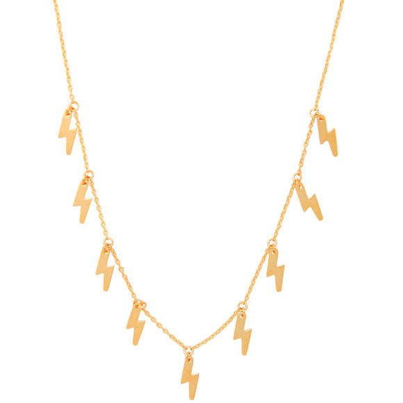 Multi Lightning Bolt Necklace 14K Gold Our lighting bolt necklace are a bright bolt of style. Blends beautifully with layers, but also makes a statement as a solo piece. Make it electric with Solid 14K Gold jewelry. Great for your everyday look and even greater as a gift!