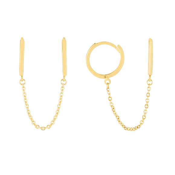 Double Pierced Chain Hoop Earrings 14K Gold A dazzling touch to any ear. Use a little something extra, we added a chain drop that hangs effortlessly from the base of the huggie. Designed to be worn in two separate holes per ear. This will be a compliment getter a light and easy wear. Trendy piece designed to be stylish and captivating
