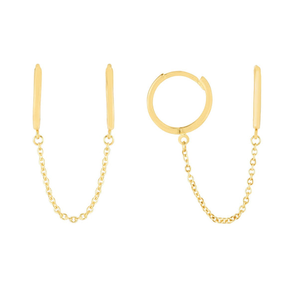 Double Pierced Chain Hoop Earrings 14K Gold A dazzling touch to any ear. Use a little something extra, we added a chain drop that hangs effortlessly from the base of the huggie.    Designed to be worn in two separate holes per ear. This will be a compliment getter a light and easy wear. Trendy piece designed to be stylish and captivating