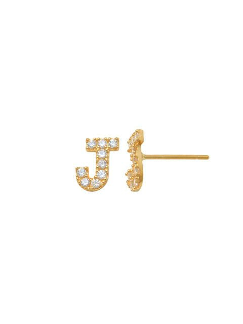 Pave J Initial Earrings 14K Gold The perfect statement-maker for any occasion. Wear it stacked or by itself.   Each detail of the letter is carefully perfected and formed for easy reading. Simple and charming they can dress up every outfit with personalized style. These earrings are designed to be worn alone or mixed with other earrings. Your everyday earring choose just got a whole lot easier.