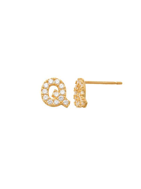 Pave Q Initial Earrings 14K Gold The perfect statement-maker for any occasion. Wear it stacked or by itself.   Each detail of the letter is carefully perfected and formed for easy reading. Simple and charming they can dress up every outfit with personalized style. These earrings are designed to be worn alone or mixed with other earrings. Your everyday earring choose just got a whole lot easier.