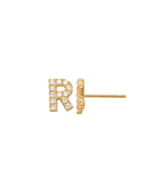 Pave R Initial Earrings 14K Gold The perfect statement-maker for any occasion. Wear it stacked or by itself.   Each detail of the letter is carefully perfected and formed for easy reading. Simple and charming they can dress up every outfit with personalized style. These earrings are designed to be worn alone or mixed with other earrings. Your everyday earring choose just got a whole lot easier.