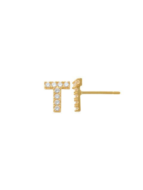 Pave T Initial Earrings 14K Gold The perfect statement-maker for any occasion. Wear it stacked or by itself.   Each detail of the letter is carefully perfected and formed for easy reading. Simple and charming they can dress up every outfit with personalized style. These earrings are designed to be worn alone or mixed with other earrings. Your everyday earring choose just got a whole lot easier.