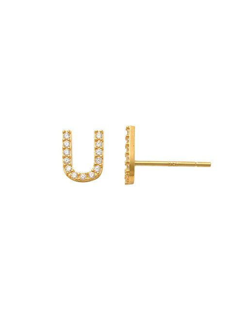 Pave U Initial Earrings 14K Gold The perfect statement-maker for any occasion. Wear it stacked or by itself.   Each detail of the letter is carefully perfected and formed for easy reading. Simple and charming they can dress up every outfit with personalized style. These earrings are designed to be worn alone or mixed with other earrings. Your everyday earring choose just got a whole lot easier.