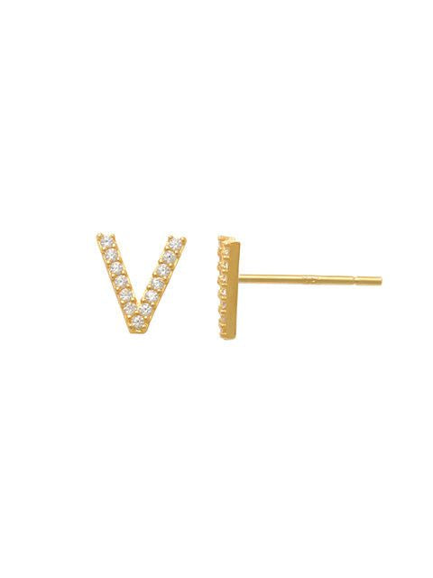 Pave V Initial Earrings 14K Gold The perfect statement-maker for any occasion. Wear it stacked or by itself.   Each detail of the letter is carefully perfected and formed for easy reading. Simple and charming they can dress up every outfit with personalized style. These earrings are designed to be worn alone or mixed with other earrings. Your everyday earring choose just got a whole lot easier.
