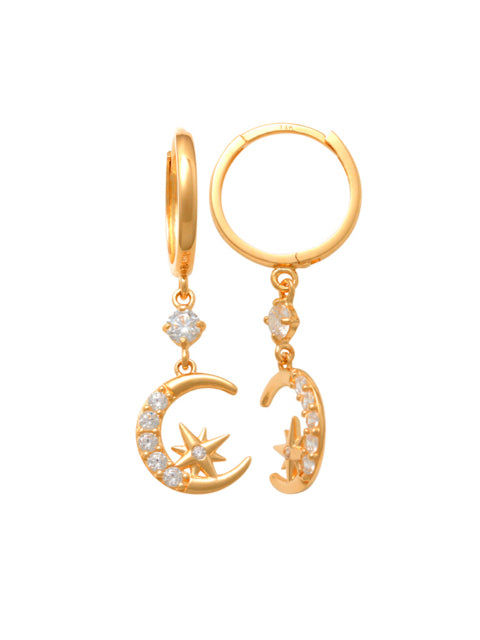 Moon And Star Drop Hoop Earrings 14K Gold Visible in the night sky, the moon and star symbolize light even in the dark. These bright celestial bodies remind us that light is a continued presence. Crafted in Solid 14K Gold, each enchanting earring showcases a stone-lined crescent moon. A sculpted star shape twinkles with sparking stones along the inside. Lend a little shimmer to your look.