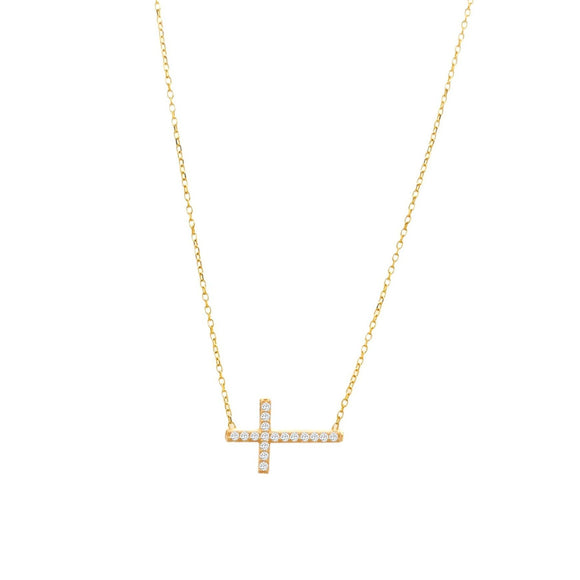 Sideways Cross Necklace 14K Gold Chic style meets divine beauty, radiate your faith with some fashion! Pretty and meaningful, this sideways cross necklace will be your new favorite with its classic and elegant style. This stylish necklace features a traditional cross embellished with a touch of sparkle.