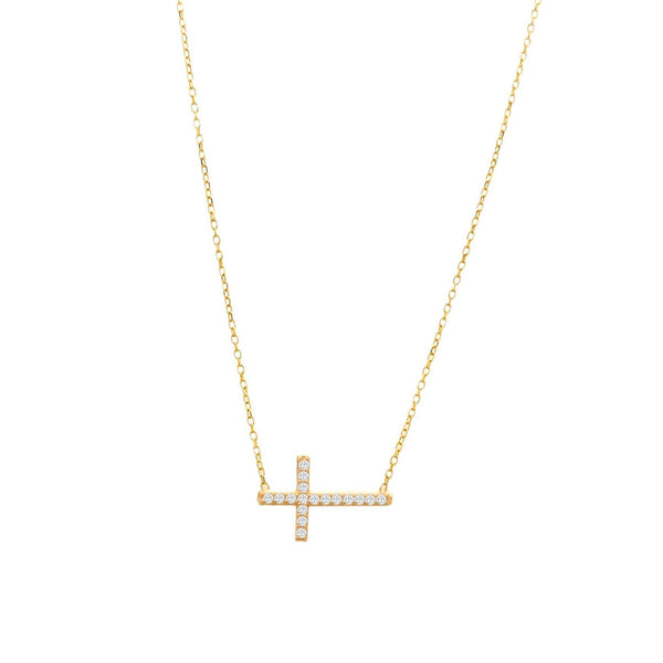 Sideways Cross Necklace 14K Gold Chic style meets divine beauty, radiate your faith with some fashion!  Pretty and meaningful, this sideways cross necklace will be your new favorite with its classic and elegant style. This stylish necklace features a traditional cross embellished with a touch of sparkle.