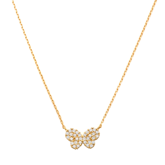 CZ Butterfly Necklace 14K Gold As striking as the natural beauty of a butterfly, sure to be enjoyed, this sparkling and petite CZ butterfly necklace is sure a way to bring a sparkle to your outfit. Our butterfly necklace are an exquisite and easy piece to wear daily. A simple yet elegant necklace surely to looks perfect worn alone or, create your own unique style by layering with other necklaces.