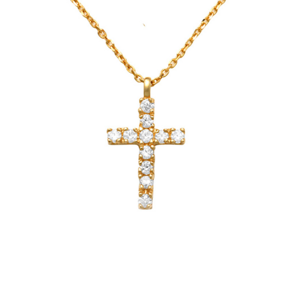 14K Gold Cross Necklace Chic style meets divine beauty, radiate your faith with some fashion!  Pretty and meaningful, this gold cross necklace will be your new favorite with its classic and elegant style. This stylish necklace features a traditional cross embellished with a touch of sparkle.