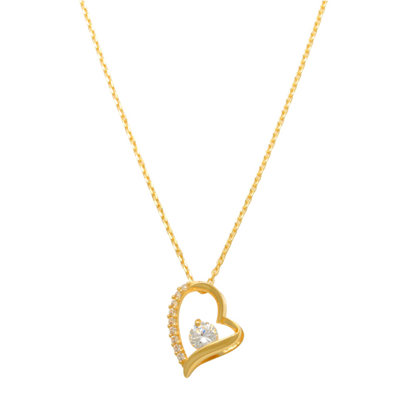 Heart Necklace 14K Gold Beautiful and elegant, this heart necklace holds a sparkling stone situated in the center that is sure to bring a dazzle to your outfit. Sure to become a treasured piece, this heart necklace is perfect for any occasion. Whether for yourself or a loved one, it is sure to impress.