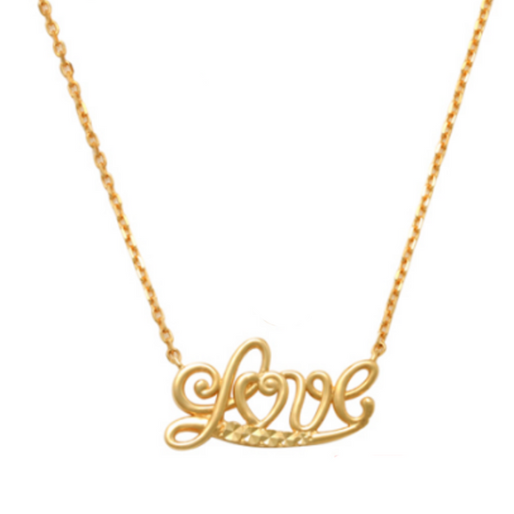 Love 14K Gold Necklace One word says it all. A charming token of love this dainty necklace will be sure to a standout. The Love 14K Gold Necklace is perfect by itself or layered with multiple necklaces. I sweet gift for yourself or a loved one!