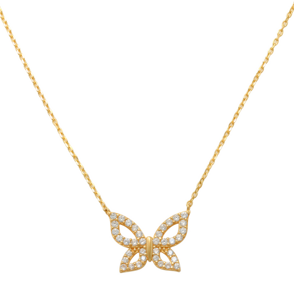 Pave Butterfly Necklace 14K Gold As striking as the natural beauty of a butterfly, sure to be enjoyed, this sparkling and petite pave butterfly necklace is sure a way to bring a sparkle to your outfit. Our butterfly necklace are an exquisite and easy piece to wear daily. A simple yet elegant necklace surely to looks perfect worn alone or, create your own unique style by layering with other necklaces.