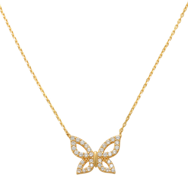 Pave Butterfly Necklace 14K Gold As striking as the natural beauty of a butterfly, sure to be enjoyed, this sparkling and petite pave butterfly necklace is sure a way to bring a sparkle to your outfit.   Our butterfly necklace are an exquisite and easy piece to wear daily. A simple yet elegant necklace surely to looks perfect worn alone or, create your own unique style by layering with other necklaces.