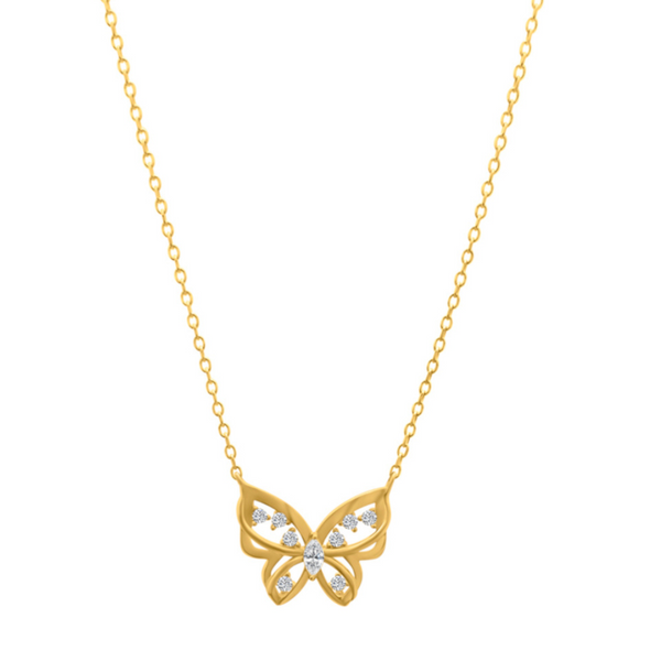 Essential Butterfly Necklace 14K Gold As striking as the natural beauty of a butterfly, sure to be enjoyed, this sparkling and petite essential butterfly necklace is sure a way to bring a sparkle to your outfit.   Our butterfly necklace are an exquisite and easy piece to wear daily. A simple yet elegant necklace surely to looks perfect worn alone or, create your own unique style by layering with other necklaces.