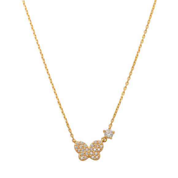 Mini Butterfly Necklace 14K Gold As striking as the natural beauty of a butterfly, sure to be enjoyed, this sparkling and petite mini butterfly necklace is sure a way to bring a sparkle to your outfit. Our butterfly necklace are an exquisite and easy piece to wear daily. A simple yet elegant necklace surely to looks perfect worn alone or, create your own unique style by layering with other necklaces.