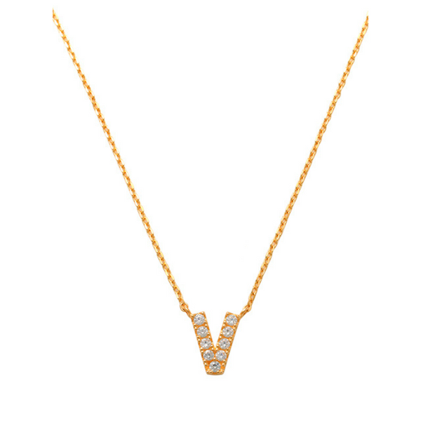 Pave V Initial Necklace 14K Gold A unique and timeless piece of jewelry that will be cherished for years to come! This stunning piece is perfect for adding a touch a personalization and style to any outfit.   Professionally designed with integrity, this necklace offers up an easy read for all to admire. Choose a letter, making it a truly special and unique piece of jewelry.
