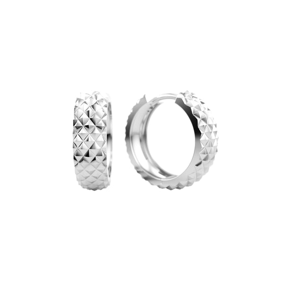 White 14K Gold Diamond Cut Huggie Hoop Earring A unique and timeless piece of jewelry that will be cherished for years to come!  Featuring a textured diamond cut style. You'll love how our gold adds right amount of sparkle and shine. A versatile piece that can be worn for any occasion.