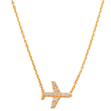 Airplane Necklace 14K Gold Are you ready to go where your next adventure would take you? Express your relentless love for discovery.   A true treasure discovered with the airplane necklace made of solid 14K Gold with a glowing pave of fine Cubic Zirconia stones. Fly in any direction you choose. It's time to seek adventure with such a gorgeous necklace that everyone can relate to. 