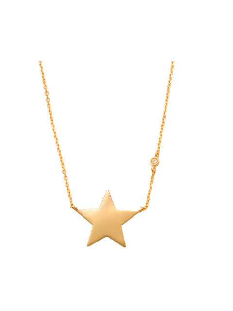 Star Necklace 14K Gold Visible in the night sky, the star symbolize light even in the dark. These bright celestial bodies remind us that light is a continued presence.  Crafted in Solid 14K Gold, each enchanting earring showcases a sculpted star shape twinkles with sparking stones along the inside. Lend a little shimmer to your look. 