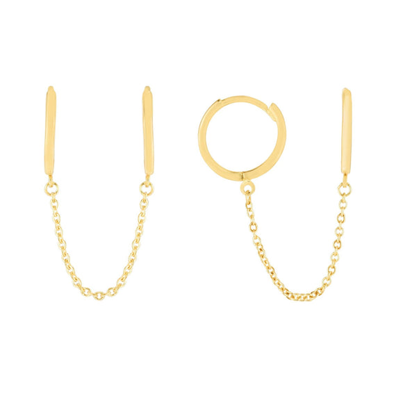 Double Pierced Chain Hoop Earrings 14K Gold A dazzling touch to any ear. Use a little something extra, we added a chain drop that hangs effortlessly from the base of the huggie.    Designed to be worn in two separate holes per ear. This will be a compliment getter a light and easy wear. Trendy piece designed to be stylish and captivating 