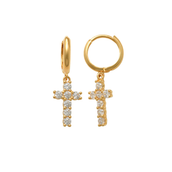 Pave Dangling Cross Hoop Earrings 14K Gold Sparkle in grace pave dangling cross hoop earrings, featuring a beautiful accessory and a statement of faith.  Enjoy unmatched style with these stunning cross earrings. Modern and meaningful, with a courteous profile and simple elegance. That completes your outfit and compliments your personality. 