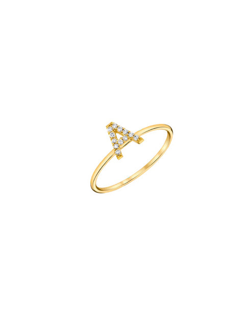 Pave Initial Ring 14K Gold This trendy ring is an amazing statement. Lightweight durable and a sparkle to catch anyones eyes.   Each detail of the letter is carefully perfected and formed for easy reading. Simple and charming they can dress up every outfit with personalized style. Your everyday ring choose just got a whole lot easier. 