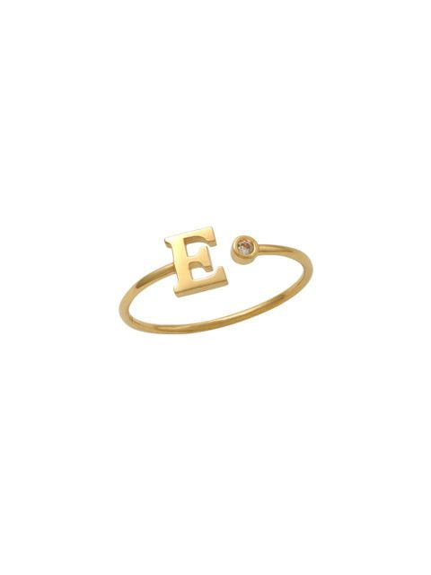 14K Gold Letter E Ring This trendy ring is an amazing statement. Lightweight durable and a sparkle to catch anyones eyes.   Each detail of the letter is carefully perfected and formed for easy reading. Simple and charming they can dress up every outfit with personalized style. Your everyday ring choose just got a whole lot easier. 