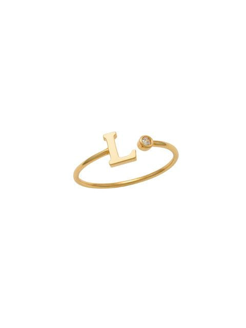 14K Gold Letter L Ring This trendy ring is an amazing statement. Lightweight durable and a sparkle to catch anyones eyes.   Each detail of the letter is carefully perfected and formed for easy reading. Simple and charming they can dress up every outfit with personalized style. Your everyday ring choose just got a whole lot easier. 