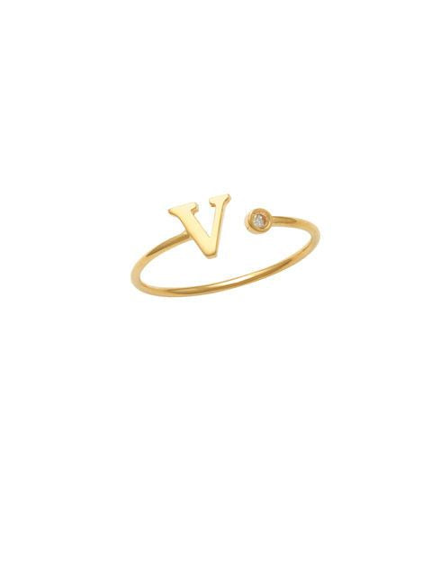 14K Gold Letter V Ring This trendy ring is an amazing statement. Lightweight durable and a sparkle to catch anyones eyes.   Each detail of the letter is carefully perfected and formed for easy reading. Simple and charming they can dress up every outfit with personalized style. Your everyday ring choose just got a whole lot easier. 