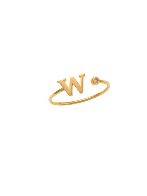 14K Gold Letter W Ring This trendy ring is an amazing statement. Lightweight durable and a sparkle to catch anyones eyes.   Each detail of the letter is carefully perfected and formed for easy reading. Simple and charming they can dress up every outfit with personalized style. Your everyday ring choose just got a whole lot easier. 