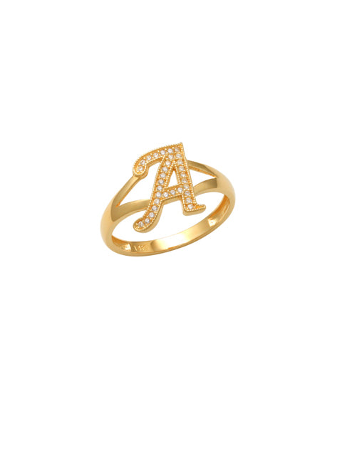 A Initial Ring 14K Gold This trendy ring is an amazing statement. Lightweight durable and a sparkle to catch anyones eyes.   Each detail of the letter is carefully perfected and formed for easy reading. Simple and charming they can dress up every outfit with personalized style. Your everyday ring choose just got a whole lot easier. 