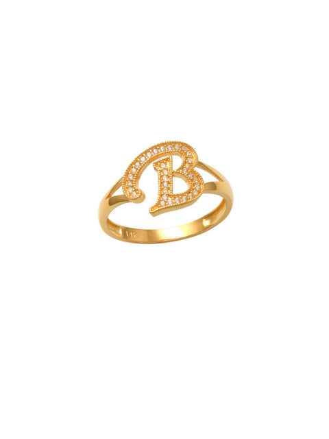 B Initial Ring 14K Gold This trendy ring is an amazing statement. Lightweight durable and a sparkle to catch anyones eyes.   Each detail of the letter is carefully perfected and formed for easy reading. Simple and charming they can dress up every outfit with personalized style. Your everyday ring choose just got a whole lot easier. 