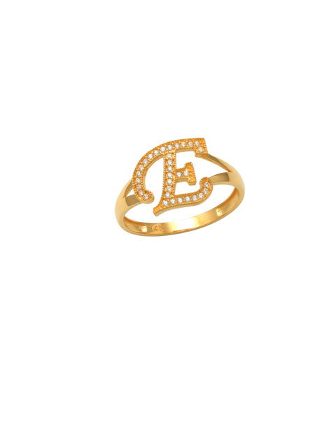 E Initial Ring 14K Gold This trendy ring is an amazing statement. Lightweight durable and a sparkle to catch anyones eyes.   Each detail of the letter is carefully perfected and formed for easy reading. Simple and charming they can dress up every outfit with personalized style. Your everyday ring choose just got a whole lot easier. 