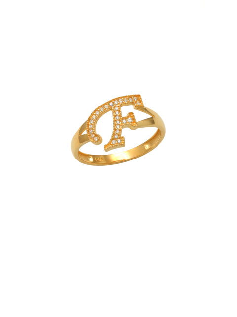 F Initial Ring 14K Gold This trendy ring is an amazing statement. Lightweight durable and a sparkle to catch anyones eyes.   Each detail of the letter is carefully perfected and formed for easy reading. Simple and charming they can dress up every outfit with personalized style. Your everyday ring choose just got a whole lot easier. 