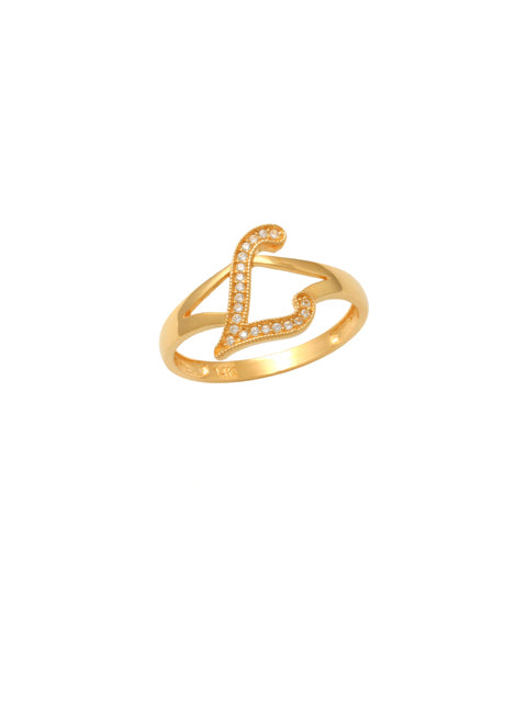 L Initial Ring 14K Gold This trendy ring is an amazing statement. Lightweight durable and a sparkle to catch anyones eyes.   Each detail of the letter is carefully perfected and formed for easy reading. Simple and charming they can dress up every outfit with personalized style. Your everyday ring choose just got a whole lot easier. 