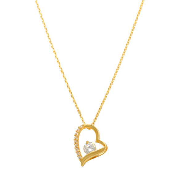 Heart Necklace 14K Gold Beautiful and elegant, this heart necklace holds a sparkling stone situated in the center that is sure to bring a dazzle to your outfit.  Sure to become a treasured piece, this heart necklace is perfect for any occasion. Whether for yourself or a loved one, it is sure to impress. 