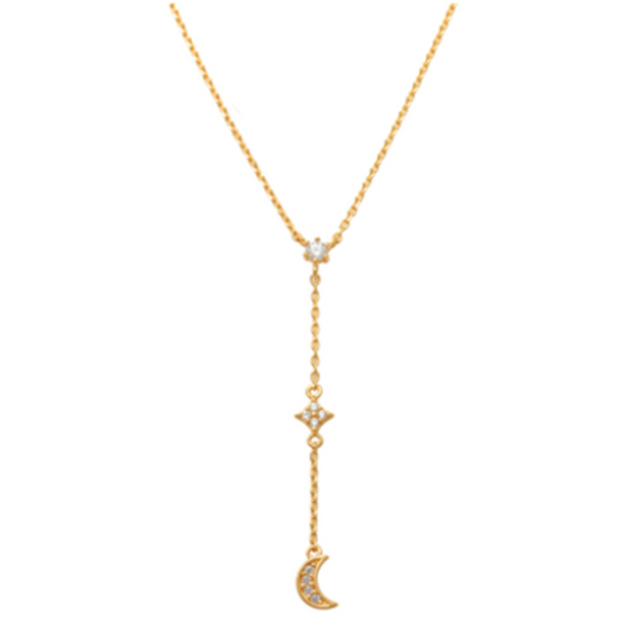 Star and Moon 14K Gold Necklace Shine like a star this fun celestial necklace. Star-shaped accents from a chain on this exquisite 14K Gold Necklace.  Ready to reach for the stars? Go for this Star and Moon 14K Gold Necklace featuring a beautiful sparkling cubic zirconia. Catch the eyes everyone. 