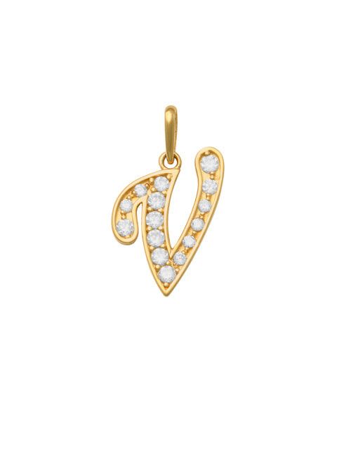 Pave Script V Initial 14K Gold Charm A unique and timeless piece of jewelry that will be cherished for years to come! This stunning piece is perfect for adding a touch a personalization and style to any outfit.   Professionally designed with integrity, this charm offers up an easy read for all to admire. Choose a letter, making it a truly special and unique pice of jewelry. 