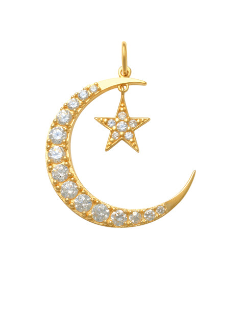 Moon and Star Charm 14K Gold Visible in the night sky, the moon and star symbolize light even in the dark. These bright celestial bodies remind us that light is a continued presence.  Crafted in Solid 14K Gold, enchanting charm showcases a stone-lined crescent moon. A sculpted star shape twinkles with sparking stones along the inside. Lend a little shimmer to your look. 
